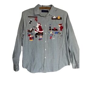 Karen Scott Large Button-Up Top Shirt Christmas Santa Workshop Grandma Teacher‎